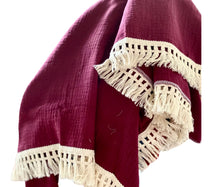 Load image into Gallery viewer, Cotton Muslin Fringed Baby Swaddle ~ Ruby