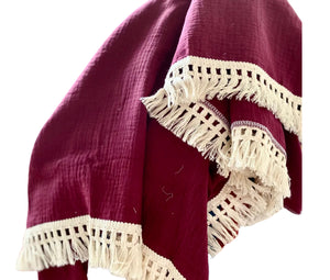 Cotton Muslin Fringed Baby Swaddle ~ Ruby