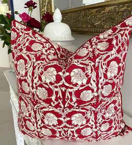 Red Lotus ~ Block Printed Cushion Piped Edges