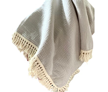 Load image into Gallery viewer, Cotton Muslin Fringed Baby Swaddle ~ Grey