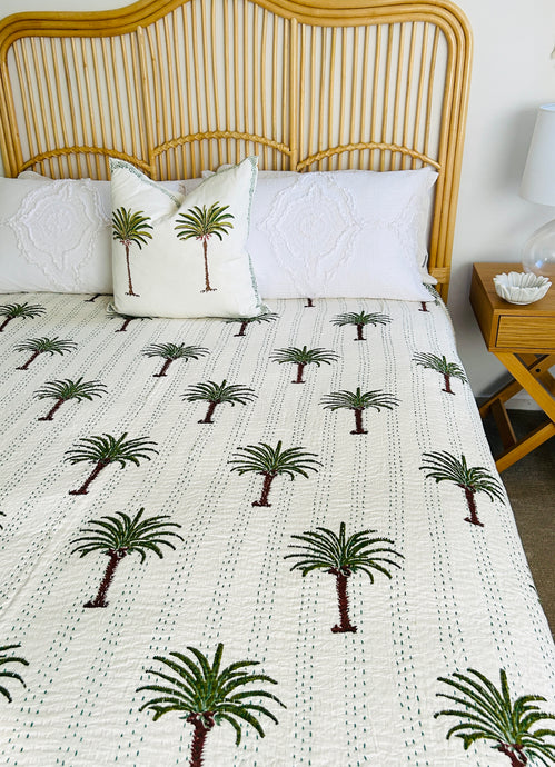 Imperial Olive Green Palm Kantha Quilt  | Queen ~ King