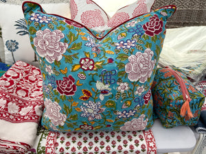 Floral Jade  ~ Block Printed Cushion Piped Edges